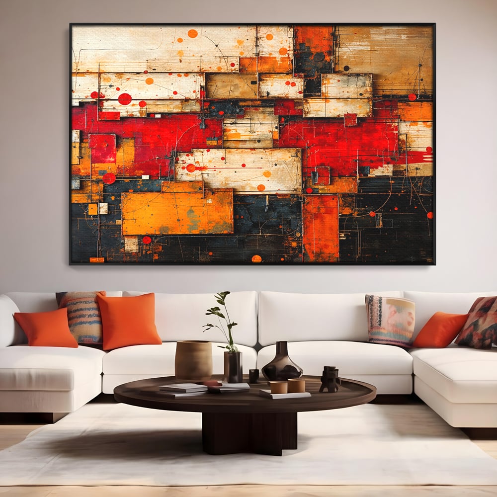 Tablou canvas cu tablou canvas abstract geometric rosu, in rama de aluminiu negru, pe perete intr-un living